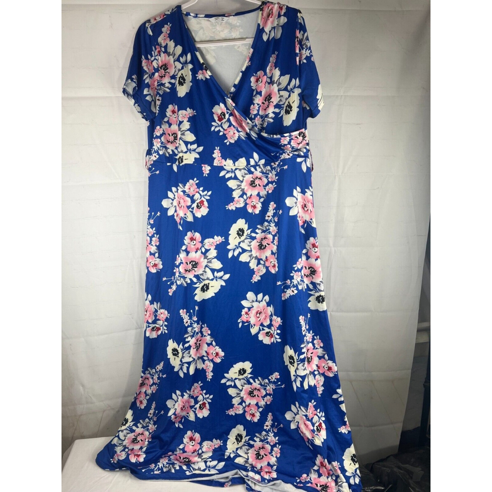 Women's Summer Maternity Short Sleeve V-Neck Floral Maxi Dress Size 2XL Blue EUC